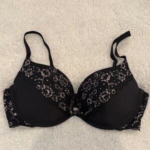 Victoria's Secret Black and Pink Floral Lace Bra with Diamond Accents